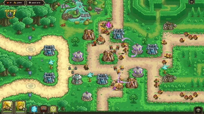 Capture d'écran du jeu Kingdom Rush Origins montrant une carte de stratégie avec des tours défensives et des ennemis sur un chemin sinueux.