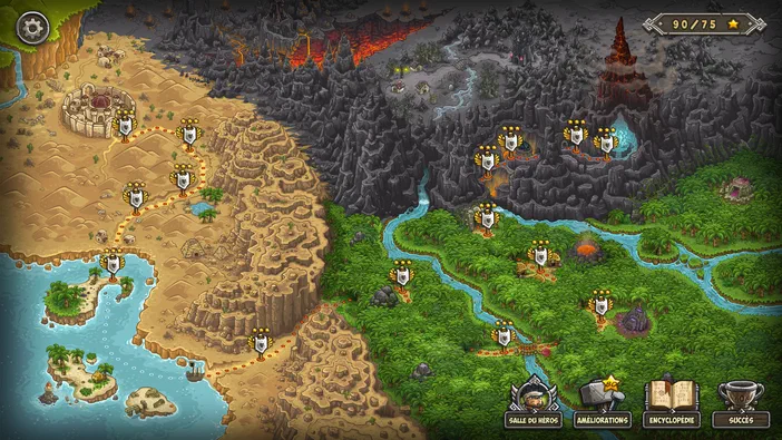 Capture d'écran de la carte du jeu Kingdom Rush Frontiers montrant des terrains variés comme désert et forêt avec plusieurs points stratégiques.