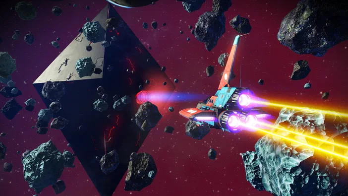 Dans l'espace de No Man's Sky, un vaisseau lance des lasers violets et jaunes vers une structure pyramidale noire entourée d'astéroïdes.