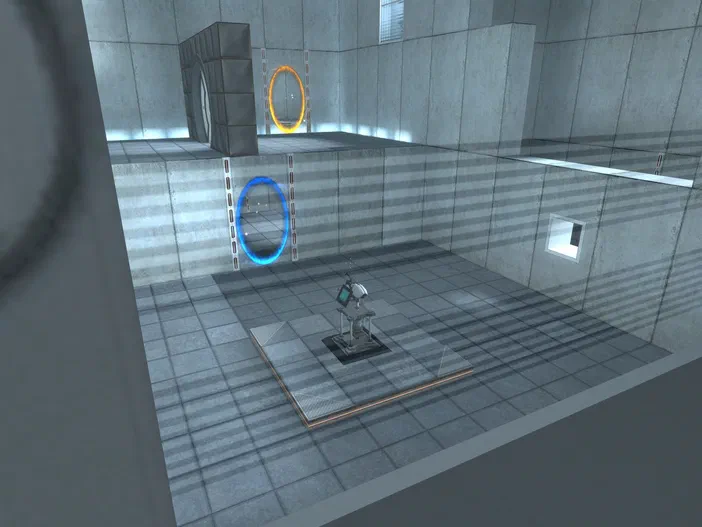 Capture d'écran du jeu vidéo Portal montrant une chambre de test avec des portails bleus et orange.