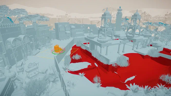 Vue de l'interface du jeu Planet Zoo montrant une zone rouge avec des animaux et un bâtiment orange entouré d'un cercle vert.