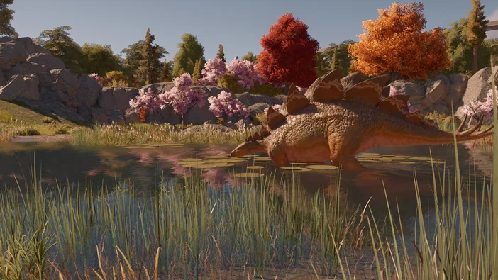 Un dinosaure Stegosaurus se tient dans une eau calme, entouré de roseaux et d'arbres aux couleurs automnales rouges et oranges.