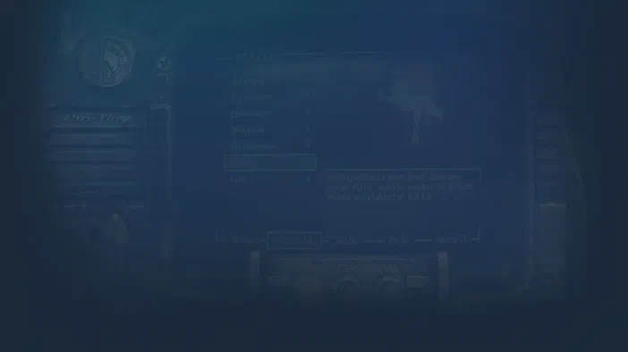 Interface de personnage du jeu Fallout 3 - Game of the Year Edition affichant les compétences et statistiques dans un style rétro-futuriste.