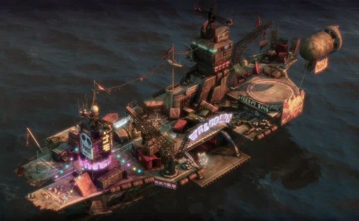 Vue aérienne d'une base flottante futuriste dans le jeu Anno 2070