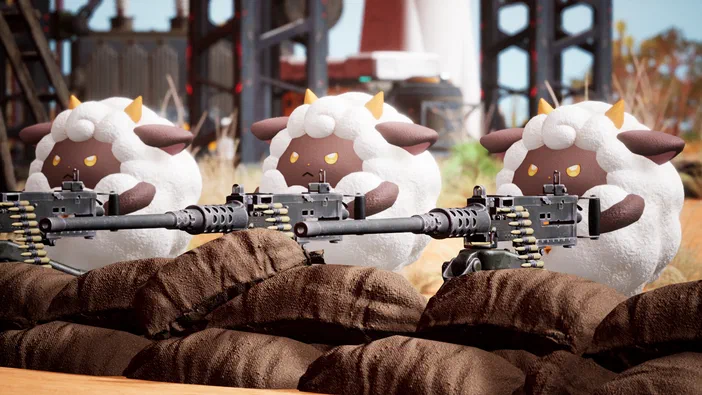 Trois Palworlds armés de mitrailleuses se tiennent derrière des sacs de sable dans un décor industriel.
