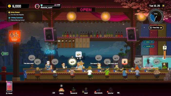 Capture d'écran du jeu Dave the Diver montrant le joueur derrière un comptoir de restaurant avec des clients assis.