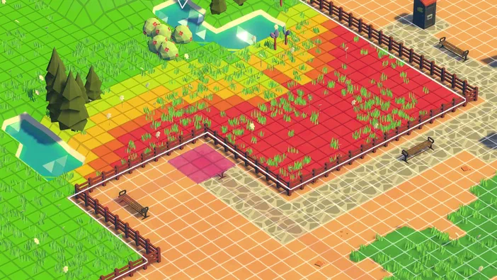 Vue isométrique d'un terrain de jeu dans le jeu vidéo Parkasaurus avec des zones colorées en dégradé rouge et vert.