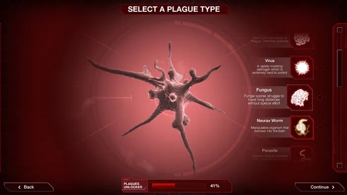 Capture d'écran du jeu Plague Inc: Evolved montrant le menu de sélection des types de fléaux avec une cellule géante au centre.