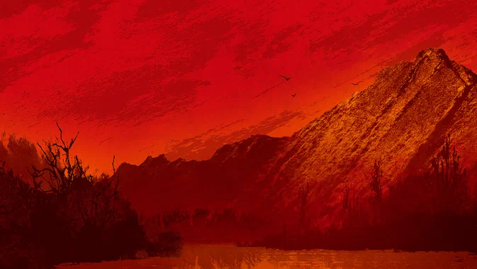Paysage de Red Dead Redemption 2 avec un ciel rouge vif, des montagnes sombres et une étendue d'eau au premier plan.
