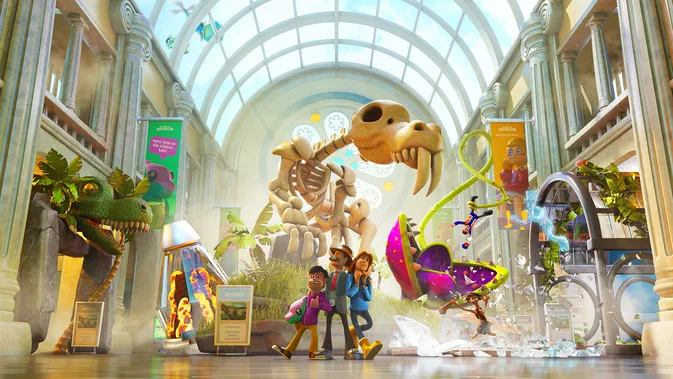 Scène du jeu Two Point Museum montrant un hall de musée avec des squelettes d'animaux, une plante géante et trois personnages devant.