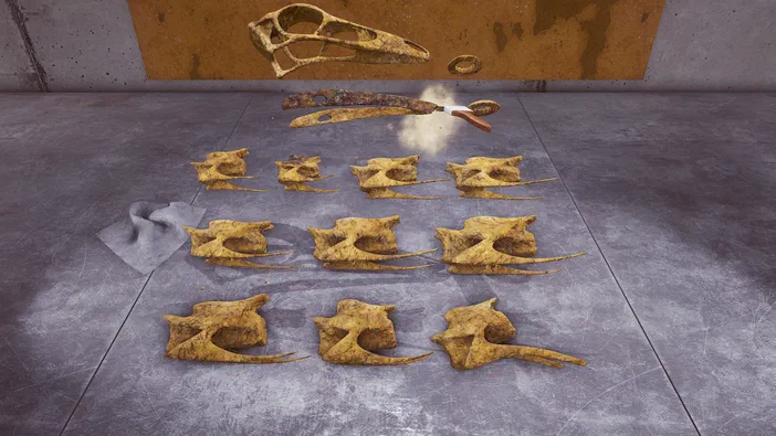 Capture d'écran du jeu Dinosaur Fossil Hunter montrant des fossiles de dinosaures disposés sur un sol gris dans une pièce.