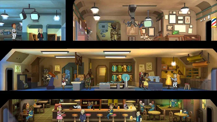 Capture d'écran du jeu Fallout Shelter montrant l'intérieur d'un abri avec des personnages et divers équipements.