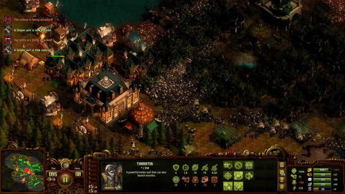 Capture d'écran du jeu de stratégie They Are Billions montrant une base coloniale entourée par des hordes zombies dans un environnement forestier sombre.