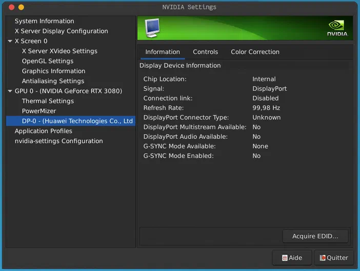 Interface de configuration NVIDIA affichant un écran connecté via DisplayPort avec une fréquence d'actualisation de 99 Hz