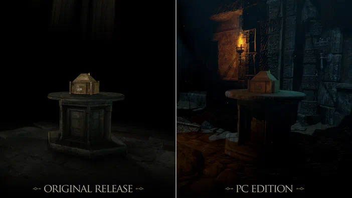 Comparaison de l'écran d'un jeu vidéo The Room Two entre sa version originale et PC Edition, montrant une amélioration graphique avec des détails plus riches dans la droite.