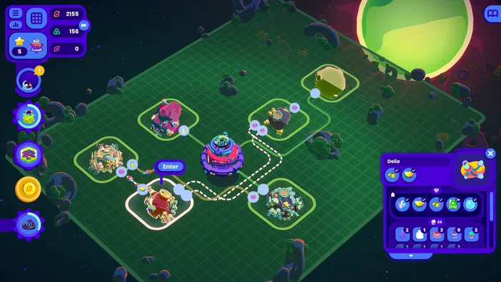 Capture d'écran du jeu vidéo Star Birds montrant une interface de stratégie spatiale avec des bases et un chemin sur fond vert.