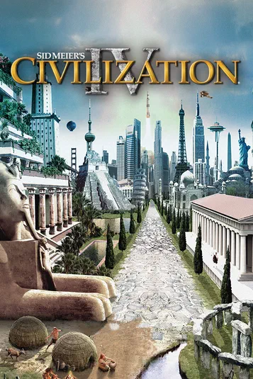 Affiche du jeu Sid Meier's Civilization IV montrant une progression historique depuis des huttes primitives jusqu'à des gratte-ciels modernes et monuments célèbres.