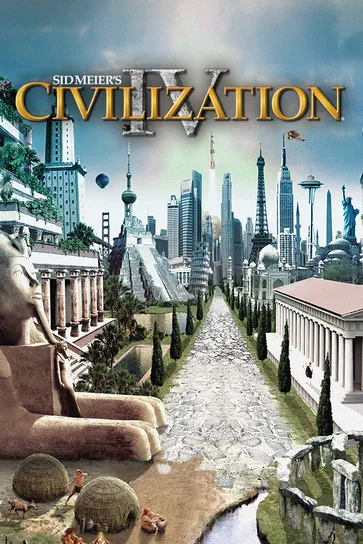 Affiche du jeu Sid Meier's Civilization IV montrant une progression historique depuis des huttes primitives jusqu'à des gratte-ciels modernes et monuments célèbres.
