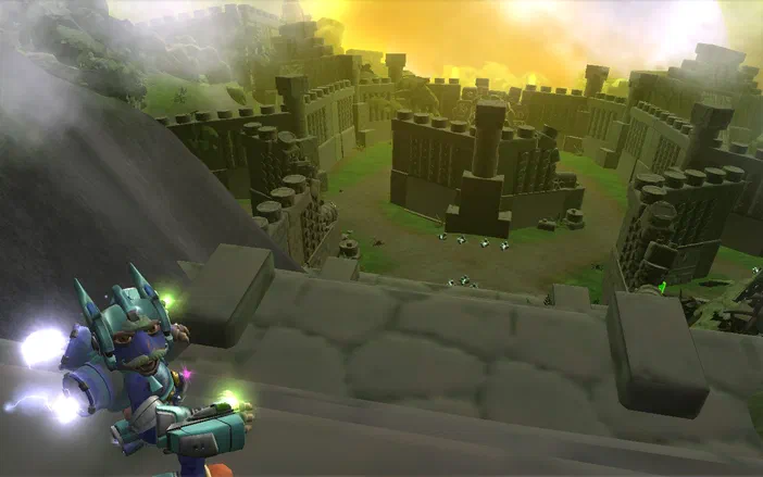 Dans Spore: Galactic Adventures, un personnage robotique se tient sur une plateforme en regardant vers le bas dans une cité de style Lego sous un ciel jaune.