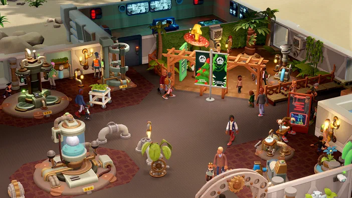 Vue d'un musée virtuel coloré dans le jeu Two Point Museum avec des expositions et du personnel.