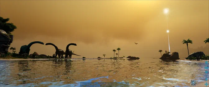 Dans le jeu vidéo Ark: Survival Evolved, trois Brachiosaurus se tiennent sur une plage au coucher du soleil.