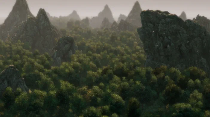 Capture d'écran du jeu vidéo Anno 2070 montrant une forêt dense entourée de montagnes rocheuses sous un ciel brumeux.