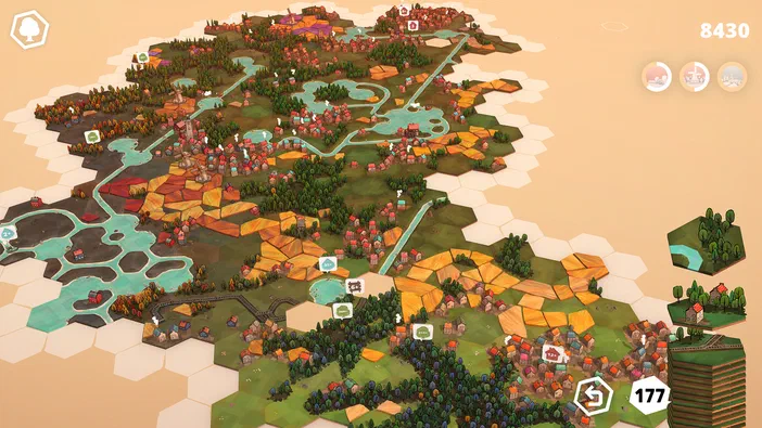 Capture d'écran du jeu vidéo Dorfromantik montrant une carte hexagonale avec des villages et de la végétation.