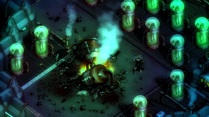 Dans le jeu vidéo They Are Billions, une vue isométrique d'une base assiégée par des zombies verts émergeant de tubes et un mécanisme explosif au centre.
