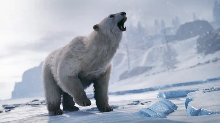 Capture d'écran du jeu Rust montrant un ours polaire rugissant sur une banquise enneigée.