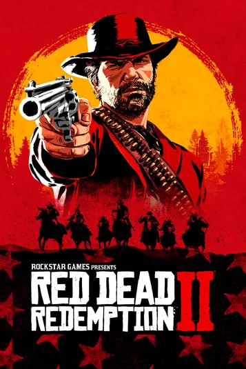 Affiche de Red Dead Redemption II présentant un homme à la barbe pointant une arme vers le spectateur