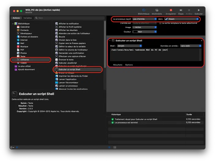 Capture d'écran de l'interface Automator sur Mac montrant la configuration d'une action rapide pour lancer un jeu Steam via une commande shell.