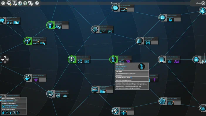 Interface de recherche technologique du jeu ENDLESS Space™ - Definitive Edition avec des nœuds connectés et une fenêtre d'information sur la technologie 'Inorganic Biology'.