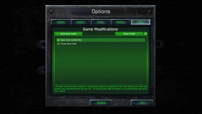 Capture d'écran du menu Options de Command & Conquer Remastered Collection affichant les modifications Workshop activées.