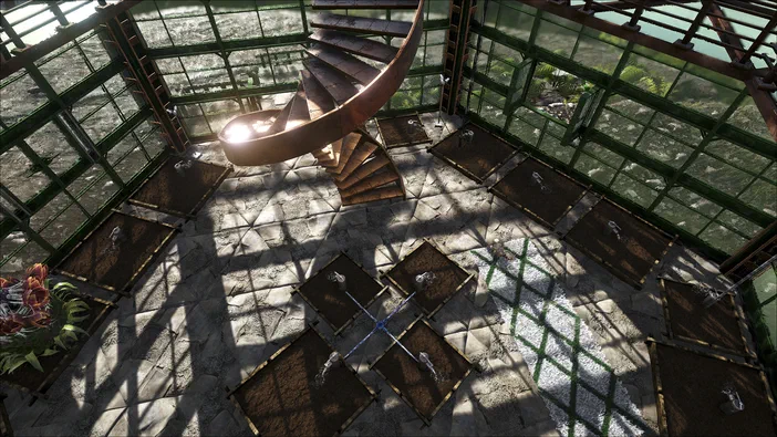 Vue intérieure d'une structure en verre avec un escalier spiralé et des cases de plantation dans le jeu ARK: Survival Evolved.
