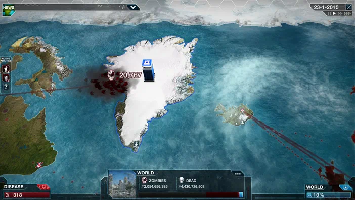 Capture d'écran du jeu Plague Inc: Evolved montrant une carte mondiale avec des zones infectées et un compteur de zombies.