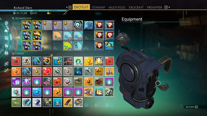 Dans le jeu No Man's Sky, l'écran d'inventaire de la combinaison Exosuit montre des modules technologiques en haut et un stockage de ressources en bas.