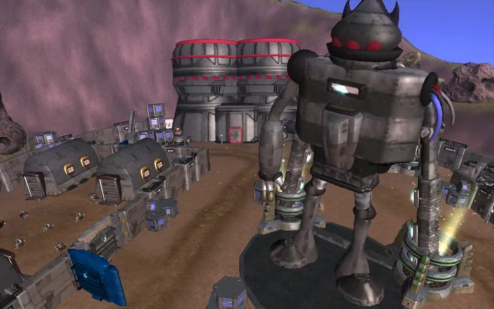 Capture d'écran de Spore: Galactic Adventures montrant un robot imposant dans une base spatiale avec des structures et véhicules en arrière-plan.