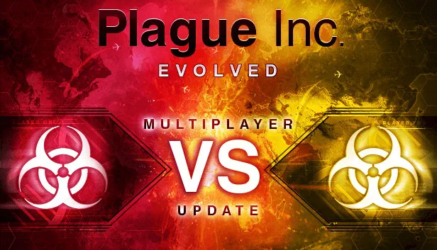 Capture d'écran du jeu vidéo Plague Inc: Evolved montrant une interface de mode multijoueur avec le titre et des symboles biohazard.
