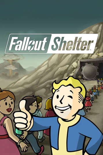 Affiche du jeu Fallout Shelter avec le personnage principal donnant un pouce levé devant une entrée de bunker et des personnages en arrière-plan.