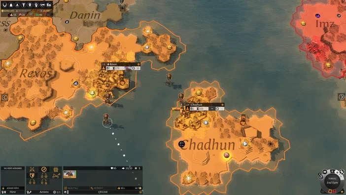Capture d'écran de la carte du jeu ENDLESS Legend™ montrant les territoires Rexos et Chadhun.