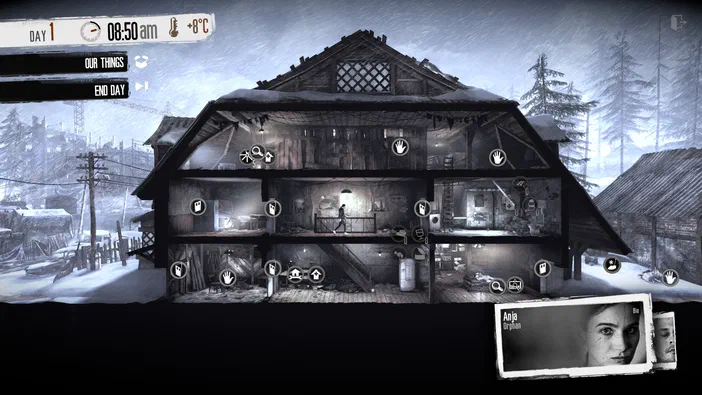 Capture d'écran du jeu vidéo This War of Mine montrant une maison en coupe avec des icônes de gestion et un portrait nommé Anja.