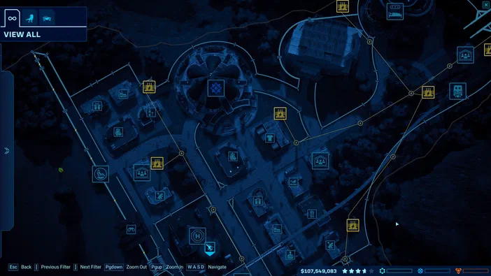 Capture d'écran de la carte du jeu Jurassic World Evolution affichant des bâtiments et des icônes sur fond bleu foncé.