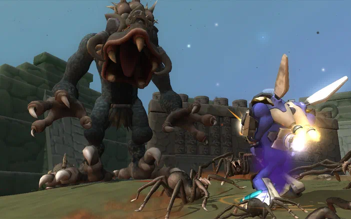 Dans Spore: Galactic Adventures, un vaisseau spatial bleu tire sur une créature géante et des araignées devant des ruines.