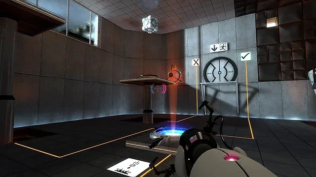 Capture d'écran du jeu Portal montrant une chambre de test avec un pistolet portal et des portails colorés sur le sol.