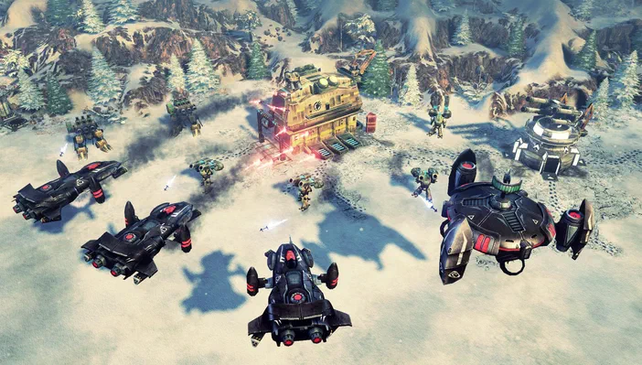Capture d'écran de Command & Conquer™ 4 Tiberian Twilight montrant une base militaire dans un paysage enneigé avec des véhicules et structures défensives.