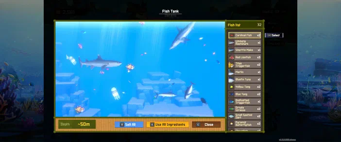 Interface de jeu vidéo montrant un aquarium avec des requins et d'autres poissons dans l'eau bleue.