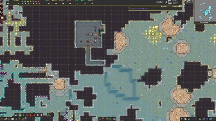 Capture d'écran du jeu vidéo Dwarf Fortress montrant une vue isométrique de structures en ruines et de terrain accidenté.