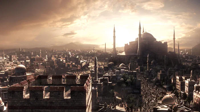 Vue aérienne d'une ville historique avec des mosquées et un château au coucher du soleil dans Sid Meier's Civilization V