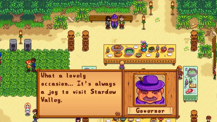 Capture d'écran du jeu Stardew Valley montrant le gouverneur avec un texte indiquant 'What a lovely occasion... It's always a joy to visit Stardew Valley.