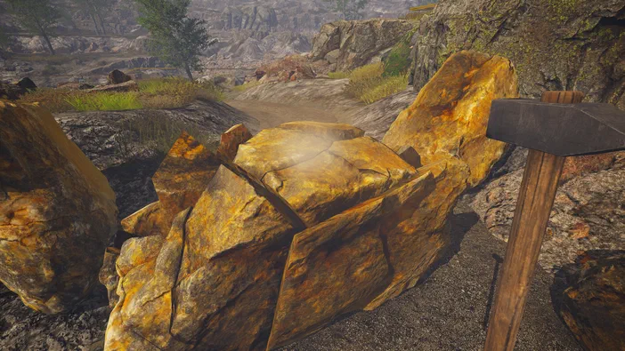 Capture d'écran du jeu Dinosaur Fossil Hunter montrant un gros plan sur des roches fossilisées jaunes dans une vallée aride.